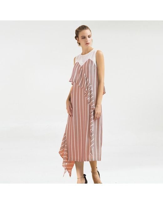 Smart and Joy Pink Neutrals Stripes Assymetric Midi Dress