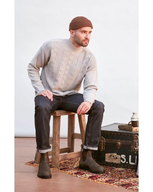 Paul James Knitwear Gray Midweight Cotton Cromer Mock Neck Gansey Jumper for men