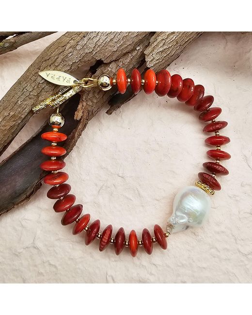 Farra Red Bamboo Coral With Baroque Pearl Bracelet