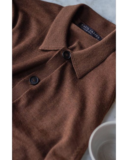Paul James Knitwear Brown Extra Fine Merino Wool Cassiuss Polo Cardigan for men