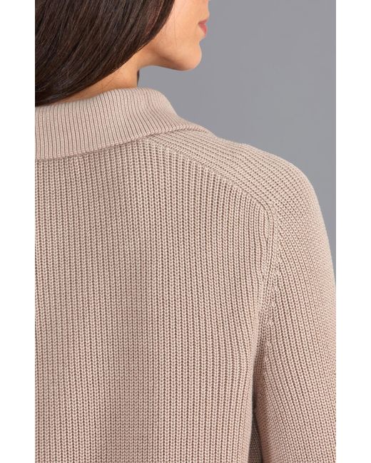 Paul James Knitwear Gray Neutrals Midweight Cotton Caitlyn Troyer Zip Neck Ribbed Jumper