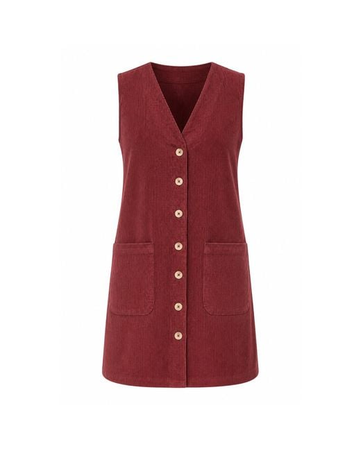 Yumi' Red Burgundy Cord Button Through Pinafore Dress With Pockets
