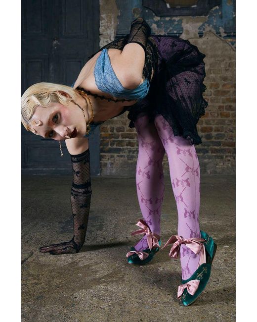 Natalia Petruch Clotilde Velvet Embroidered Flats With Silk Bow & Straps