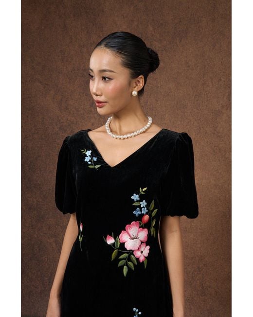 Silk and Bears Black Hand-Embroidered Silk Velvet Puff-Sleeve Maxi Dress — Floral — Velvet Atelier