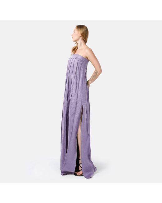 Kargede Purple Lilac Linen Maxi Dress – Designer Strapless Gown With Pleated Detail