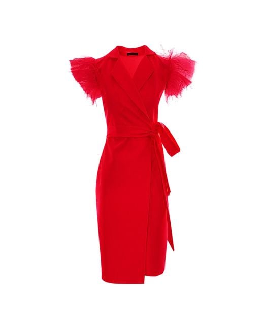 concept A trois Red Short Wrap Blazer Dress With Winged Tulle Sleeves
