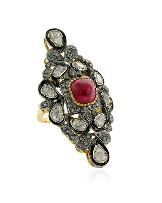Artisan Multicolor 14k Gold 925 Silver With Bezel Set Pink Spinel & Uncut Diamond Designer Long Ring