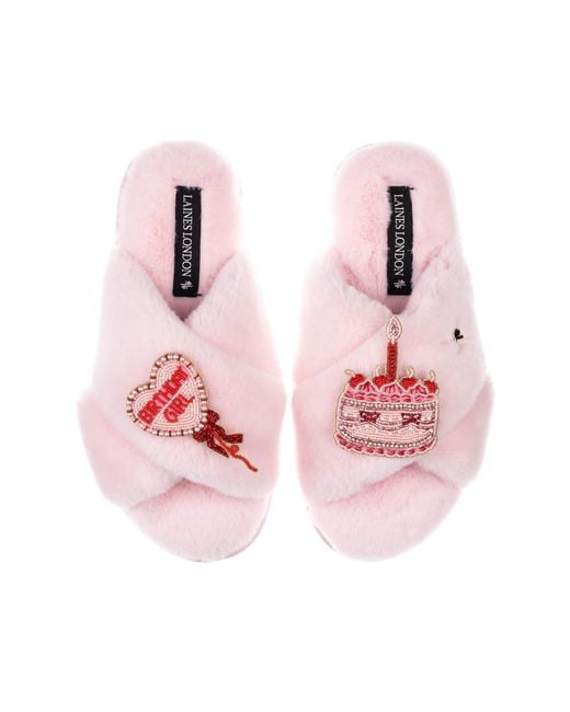 Laines London Pink Classic Laines Slippers With Birthday Girl Brooches