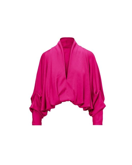 BLUZAT Pink Fuchsia Blouse With Draped Sleeves And V-Neck