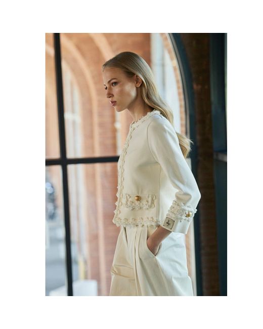 The Extreme Collection White Ivory Cropped Jacket With Textured Floral Embellishments And-Tone Buttons René