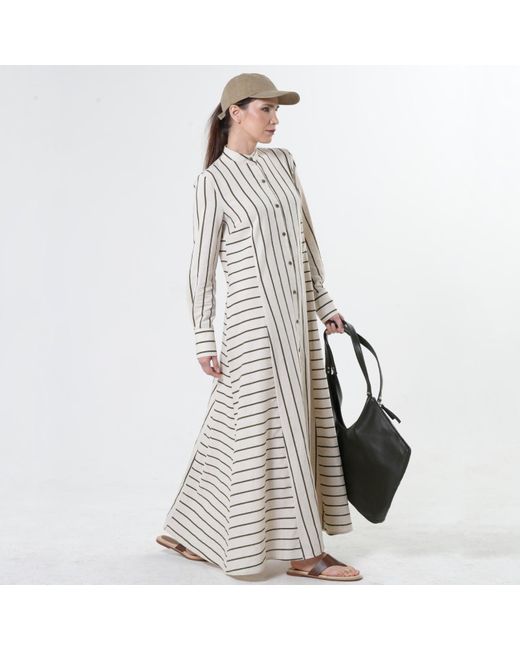 Metamorph White Striped Linen-Cotton Maxi Shirt Dress With Buttons- Khaki Stripes