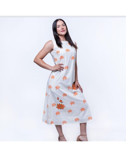 House of Gl Pink Neutrals Solene Hand-Block Printed Cotton Boat Neck A-Line Midi Dress