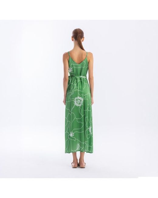 Haris Cotton Green Printed Satin Wrap Maxi Dress With Straps Peonies