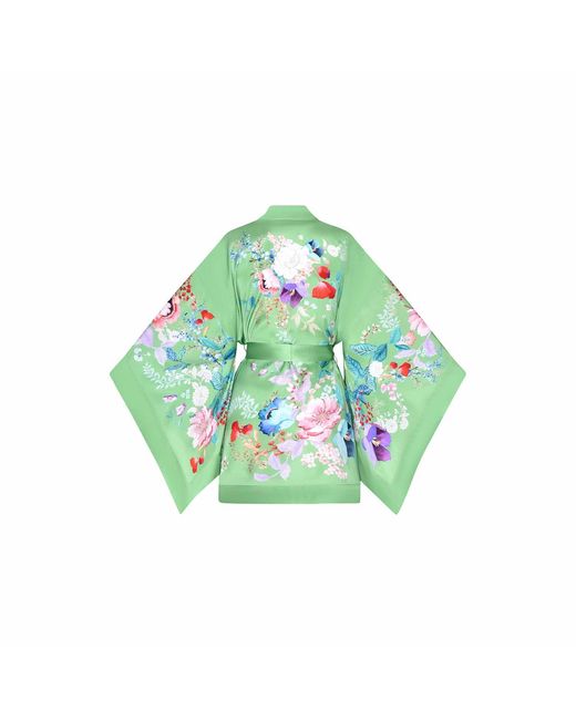 Meng Green Paris Watercolour Flowers Silk Satin Short Kimono