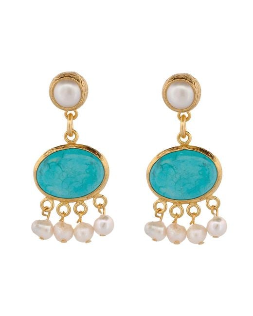 Ebru Jewelry Blue Cleopatra Pearl & Turquoise Stone Tassel Earrings