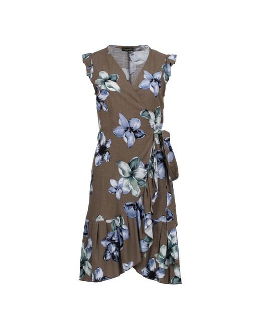 Conquista Gray Floral Wrap Dress With Ruffled Hem