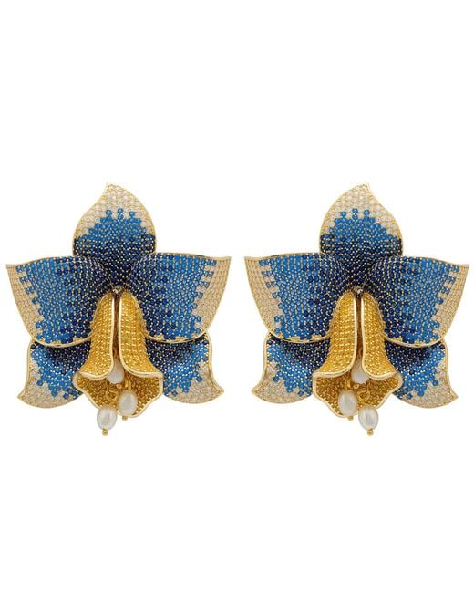 Latelita London Blue Daffodil With Pearls Earrings Sapphire Cz