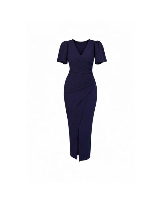 Girl In Mind Blue Freya Puff Sleeve Wrap Neck Ruched Midi