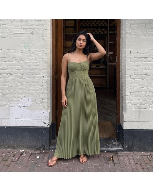 Modenaire Green Pleated Bustier Maxi Dress With Adjustable Straps And Smocked Back