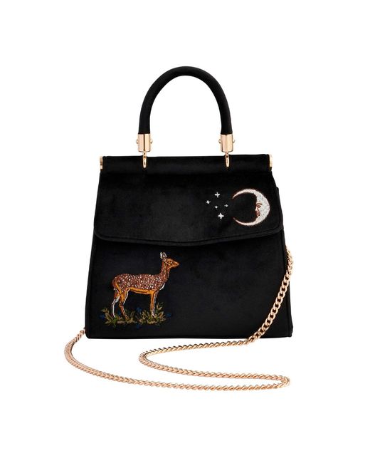 Fable England Black Deer & Moon Embroidered Velvet Tote