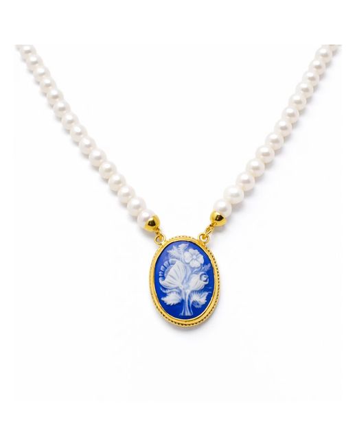 Vintouch Italy Blue Wildflower Cameo Necklace With Pearls