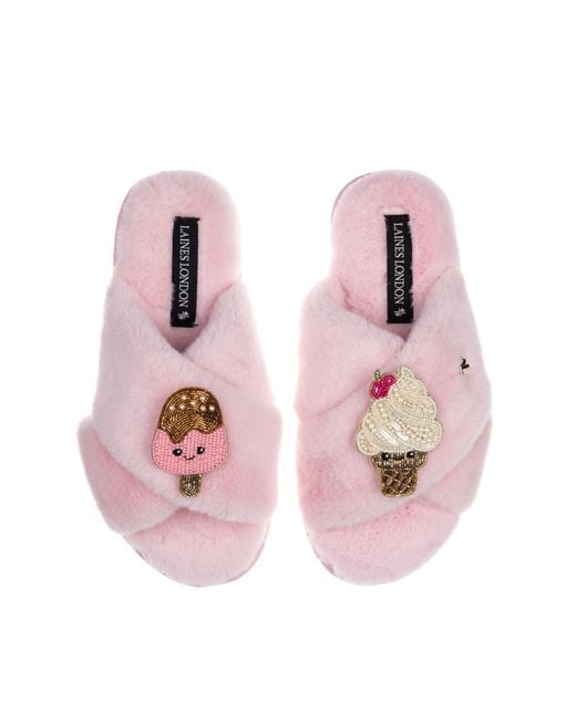 Laines London Pink Classic Slippers With Laines Lovables Ice Lolly & Ice Cream Brooches