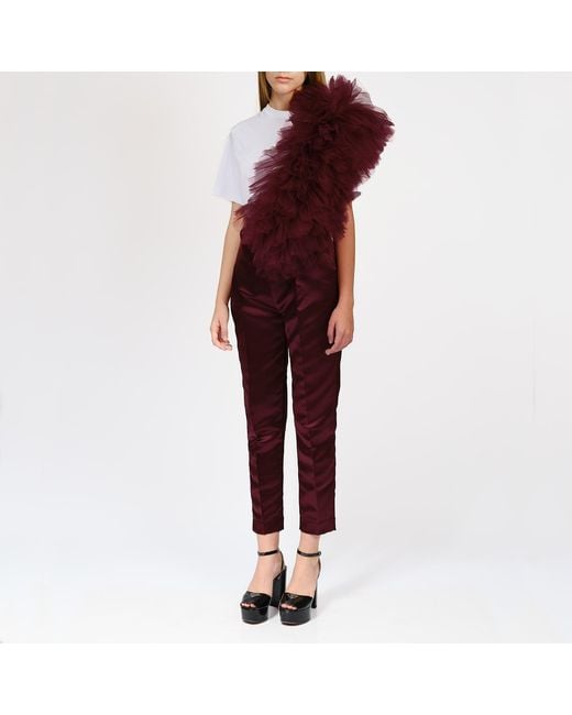LIA ARAM Red Regular Tee With Asymmetric Tulle Panel