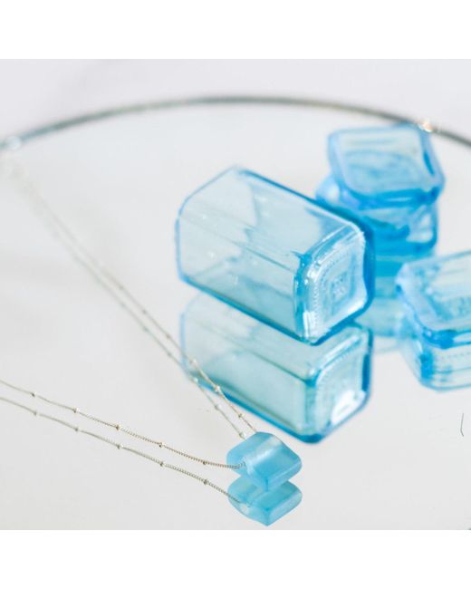 Smart Glass Jewelry Blue Recycled Gin Bottle Cube Necklace Aqua