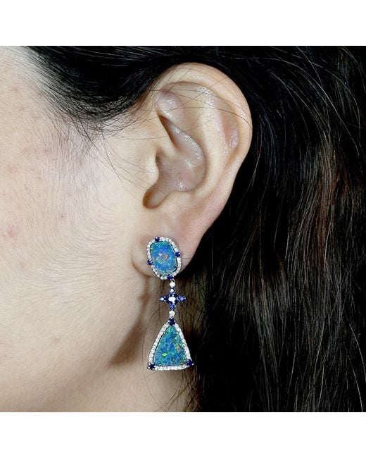 Artisan Green Opal, Sapphire & Diamond Drop Earrings