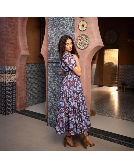 Echo of Pink Blue Evelyn Hand Block Print Maxi Cotton Tiered Dress