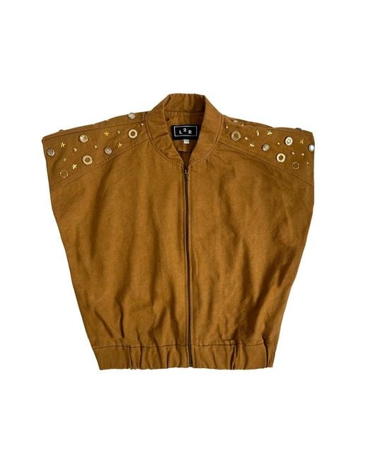 L2R THE LABEL Brown Studded Tan Sleeveless Bomber Jacket