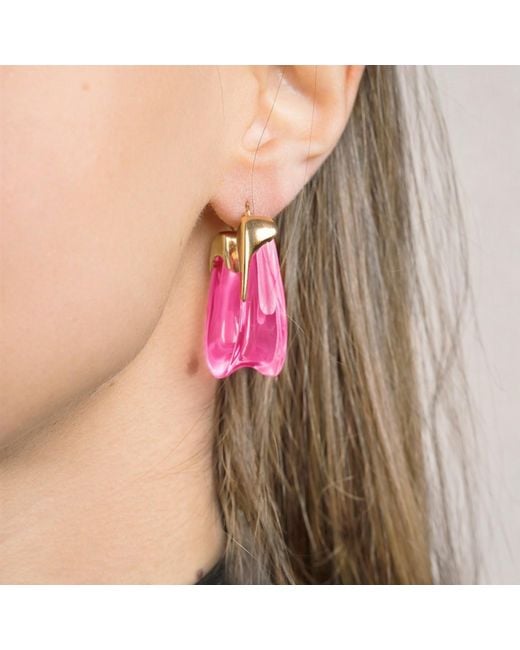 Gold & Honey Pink Tourmaline Sculpted U Lucite Birthstone Hoop Earrings