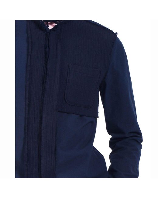 Smart and Joy Blue Bi-Material Shirt With Tied Stand-Up Collar for men