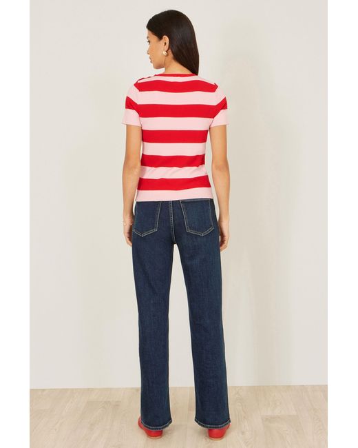 Yumi' Pink Block Stripe Knitted Top With Button Details