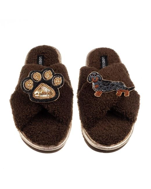 Laines London Brown Neutrals Boucle Slippers With Paw & Dapple Dachshund Brooches