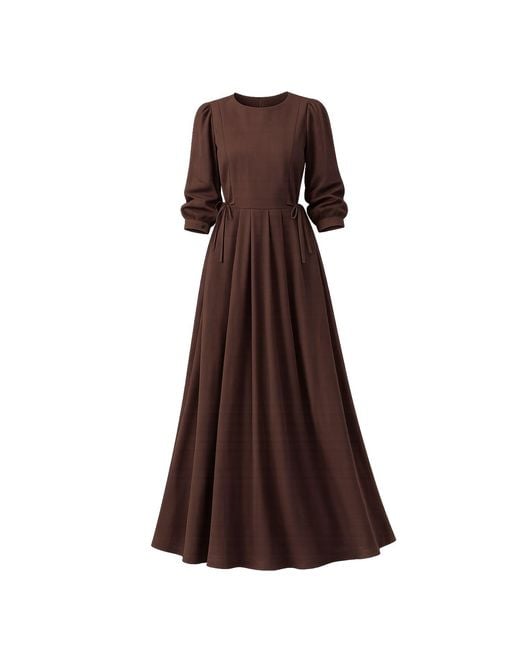 Nikka Place Brown Maxi Linen A-Line Dress With Bishop Sleeves And Pockets