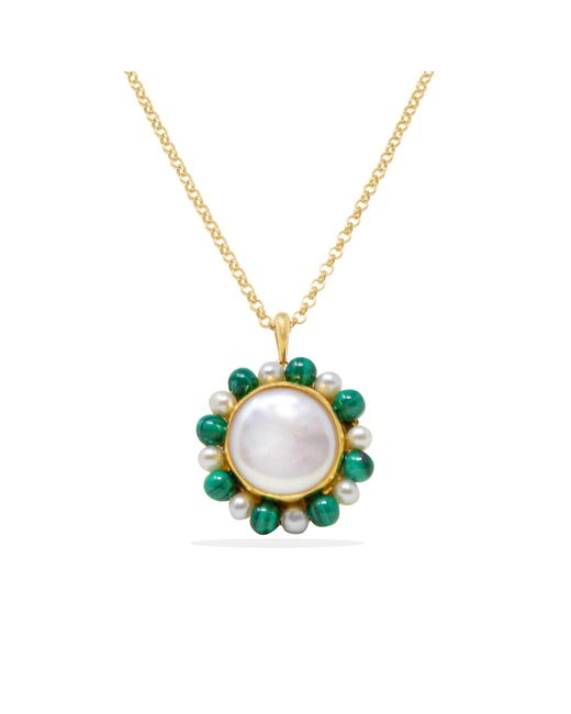 Vintouch Italy Metallic Lotus Gold-plated Pearl And Malachite Necklace