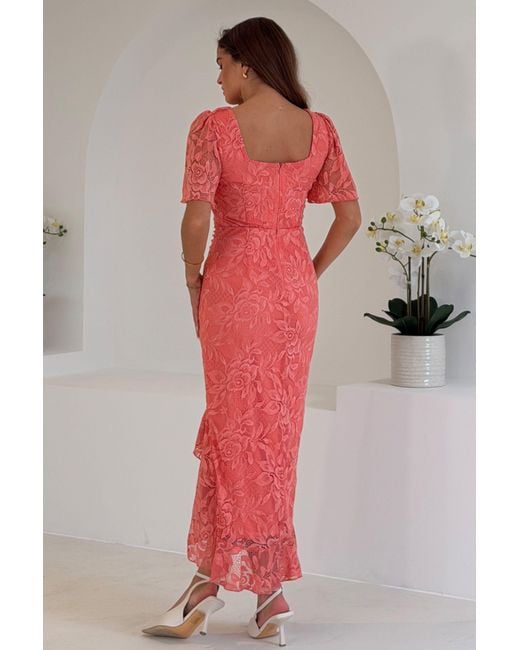 Girl In Mind Red Heidi Lace Ruched Midi Dress Coral