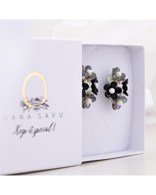 Oana Savu Black Ear Studs Beaded Flowers Earrings