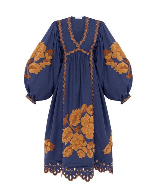 Annabo Blue Amber Rose Embroidered Wool Midi Dress