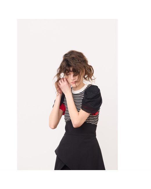 Julia Allert Black Striped Knit Blouse With Mesh Puff Sleeves