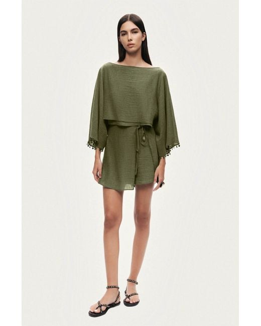 Nocturne Green Neutrals Cropped Boat-Neck Blouse