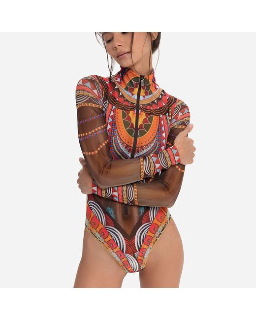 Rodasoleil Smart Swimwear Brown Tan-Through Mesh One-Piece Zipper Swimsuit With Sleeves Africa