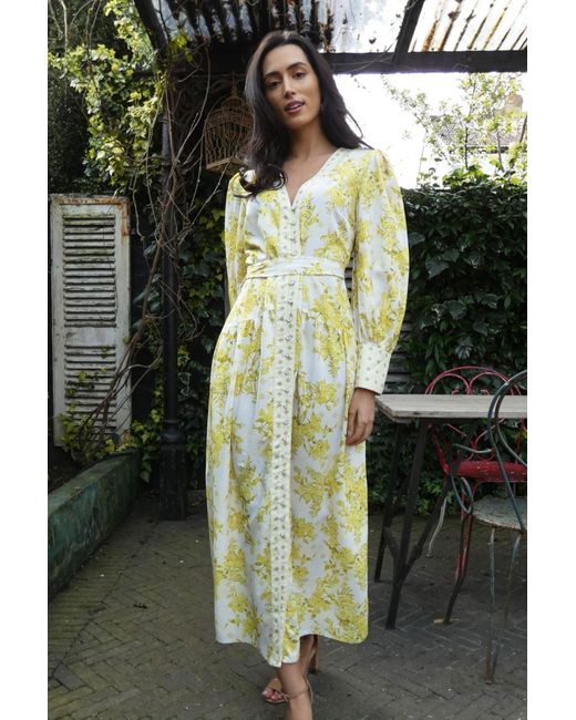 Raishma Aaliyah Button Through Long Sleeve Midi Dress In Yellow Floral