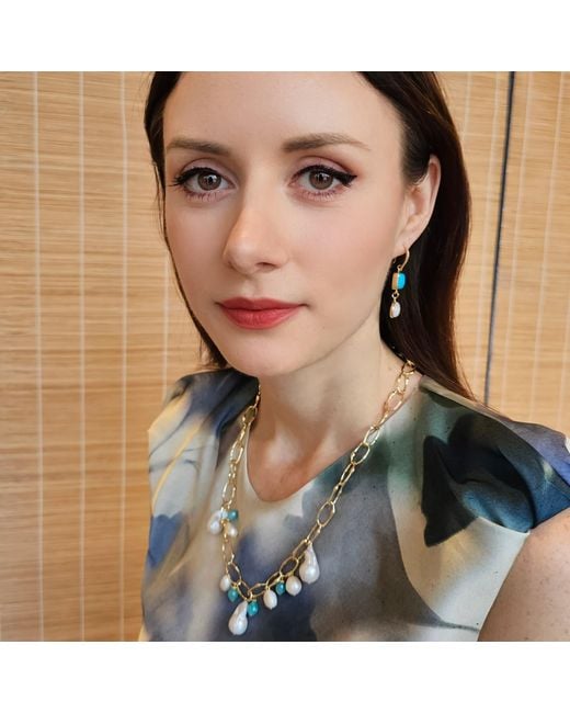 Farra Metallic Baroque Pearls With Amazonite Charm Chain Necklace