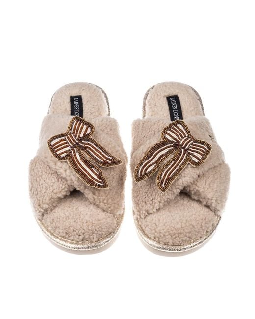 Laines London Brown Neutrals Neutral Boucle Slippers With & Pearl Beaded Stripe Bow Brooches