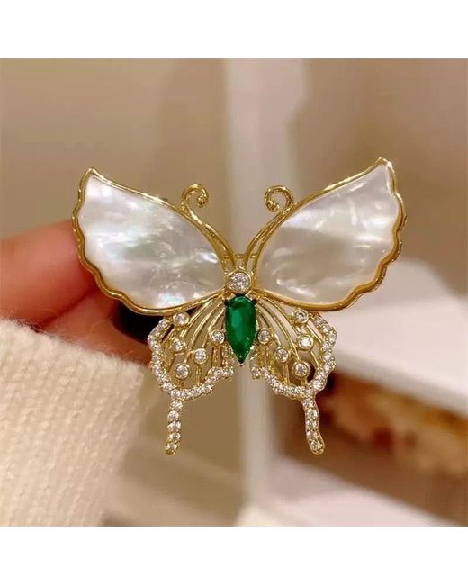 Angel Barocco Metallic Natural Shell Diamond Butterfly Brooch