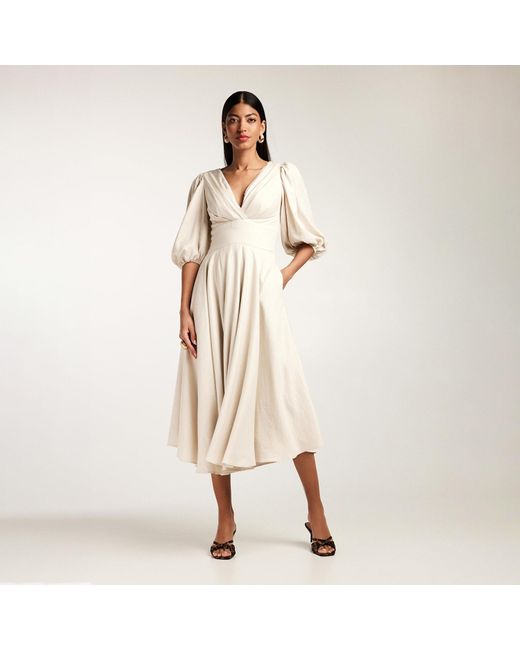 ALINA CERNĂTESCU Natural Neutrals Swan Sustainble Linen Bamboo Cockail And Elegant Day-To-Night Midi Dress
