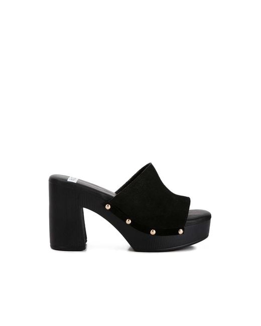 Rag & Co Black Cartera Soft Suede High Block Heel Clogs