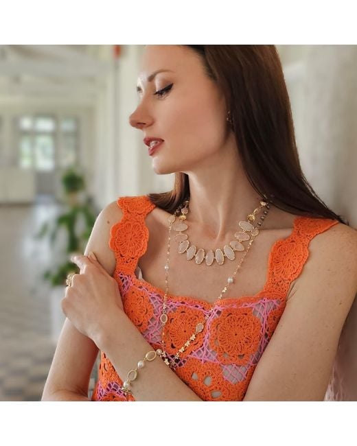 Farra Metallic Butterfly Pendant With Rose Quartz Stones Long Necklace